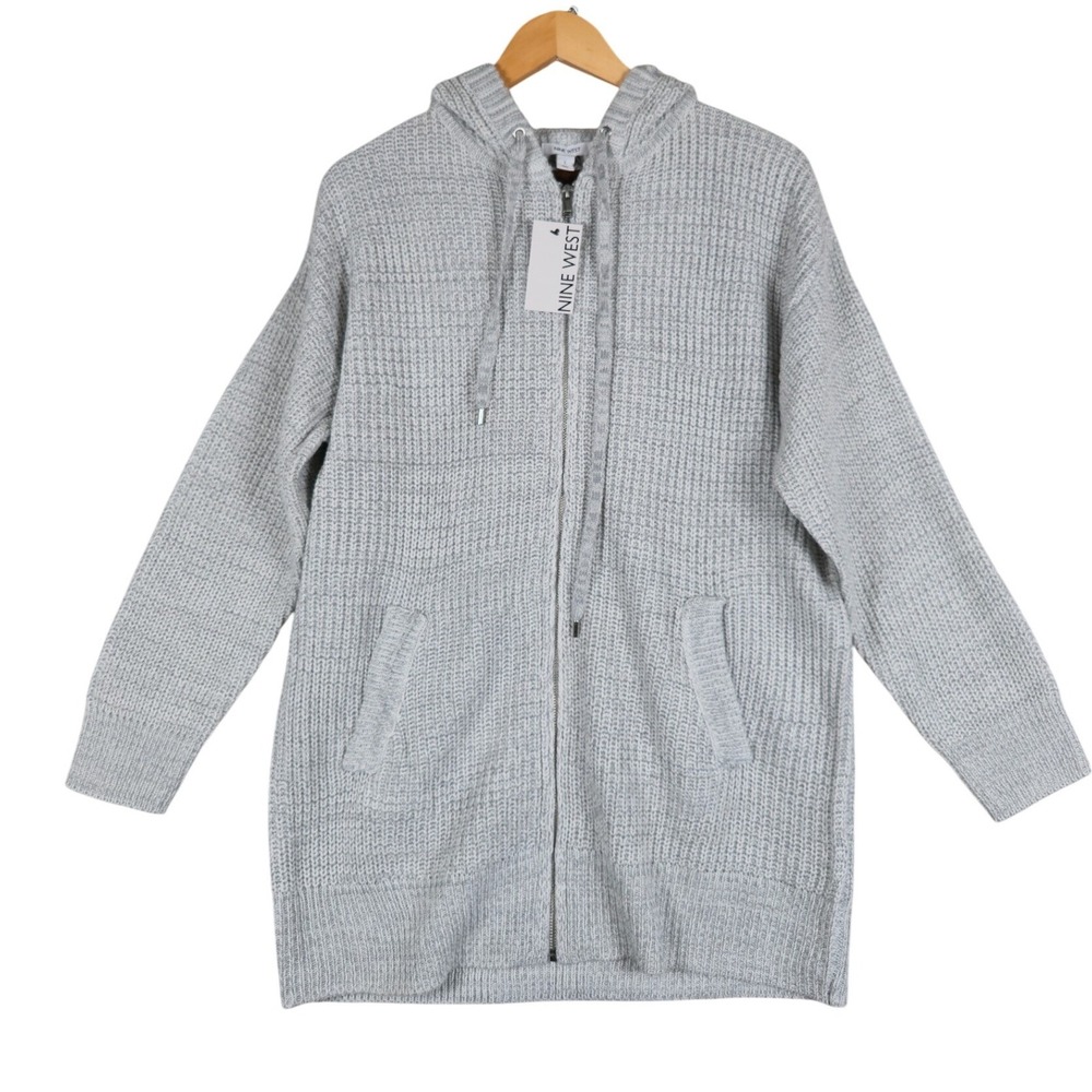 Nine West‎ Womens Grey Marl Chunky Ribbed Knit Zip Up Hooded Cardigan Size L NWT